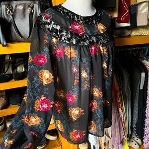 ⭐️BOGO FREE⭐️ KNOX ROSE Black Pink and Orange Floral Long Sleeve Blouse